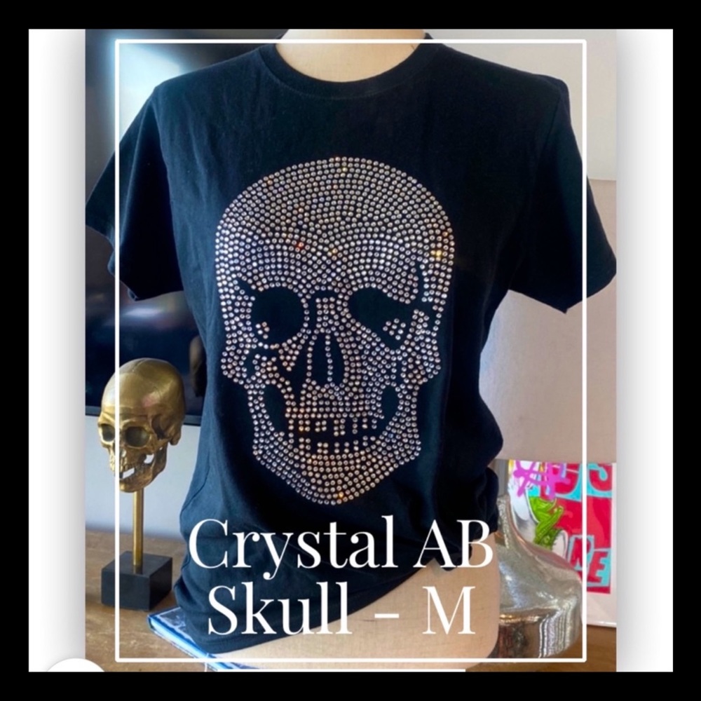 Crystal AB Rhinestone Beaded Skull T-Shirt - Size M